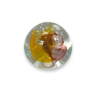 Art Glass Hand Blown Orb Paperweight Orange Red Swirls Bubbles Vintage 2" x 2"